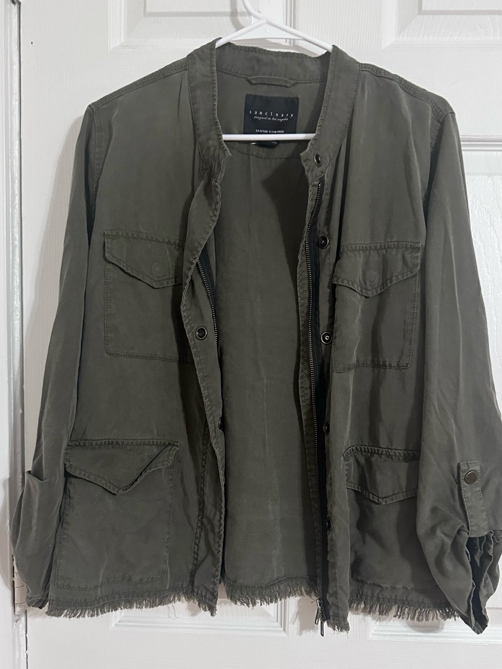 Sanctuary Utility Jacket M Army Green Frayed Hem Lyocell Military Lightweight - Picture 2 of 10